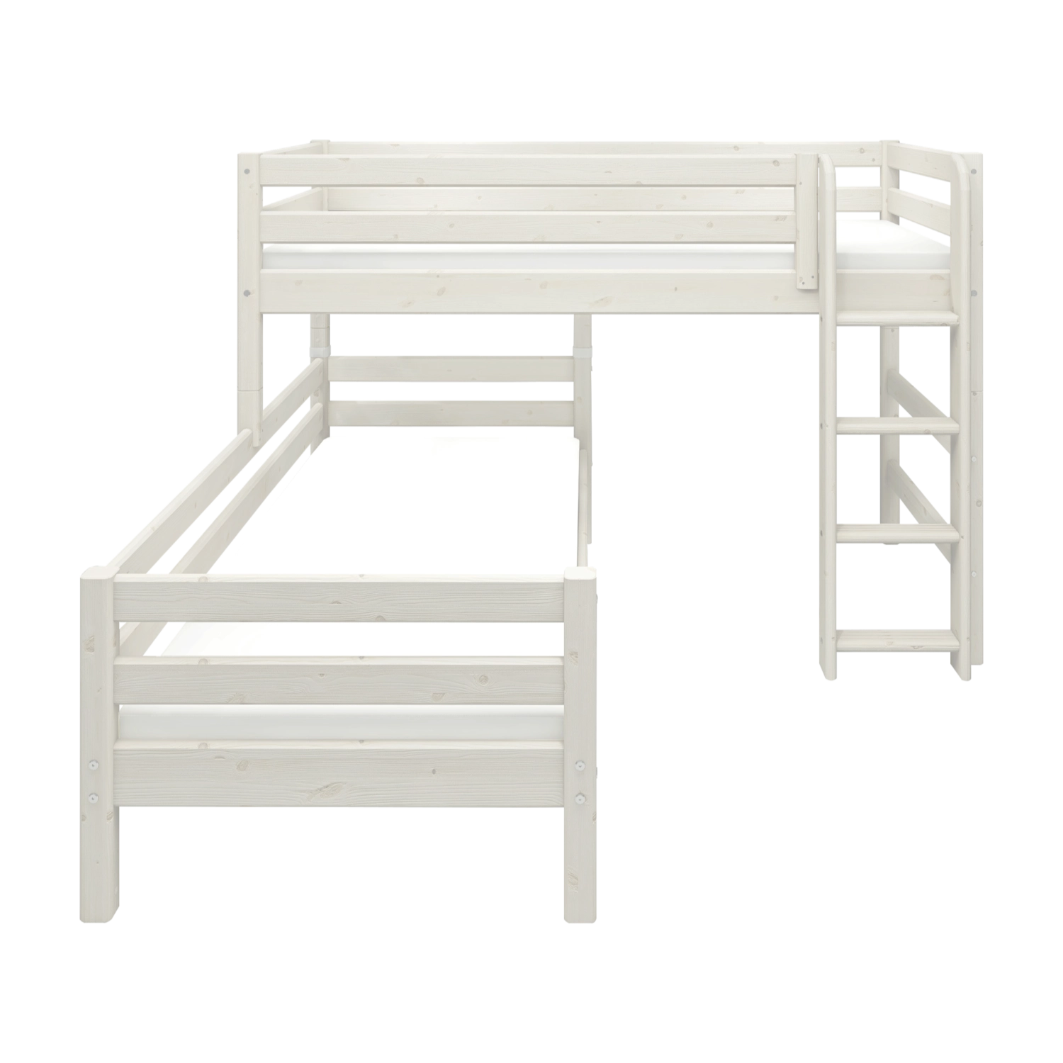 Litera blanca FLEXA con escalera y barandilla de seguridad, gama CLASSIC, diseño seguro para niños en una habitación infantil luminosa.