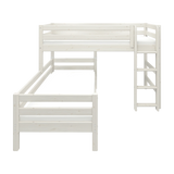 Litera blanca FLEXA con escalera y barandilla de seguridad, gama CLASSIC, diseño seguro para niños en una habitación infantil luminosa.