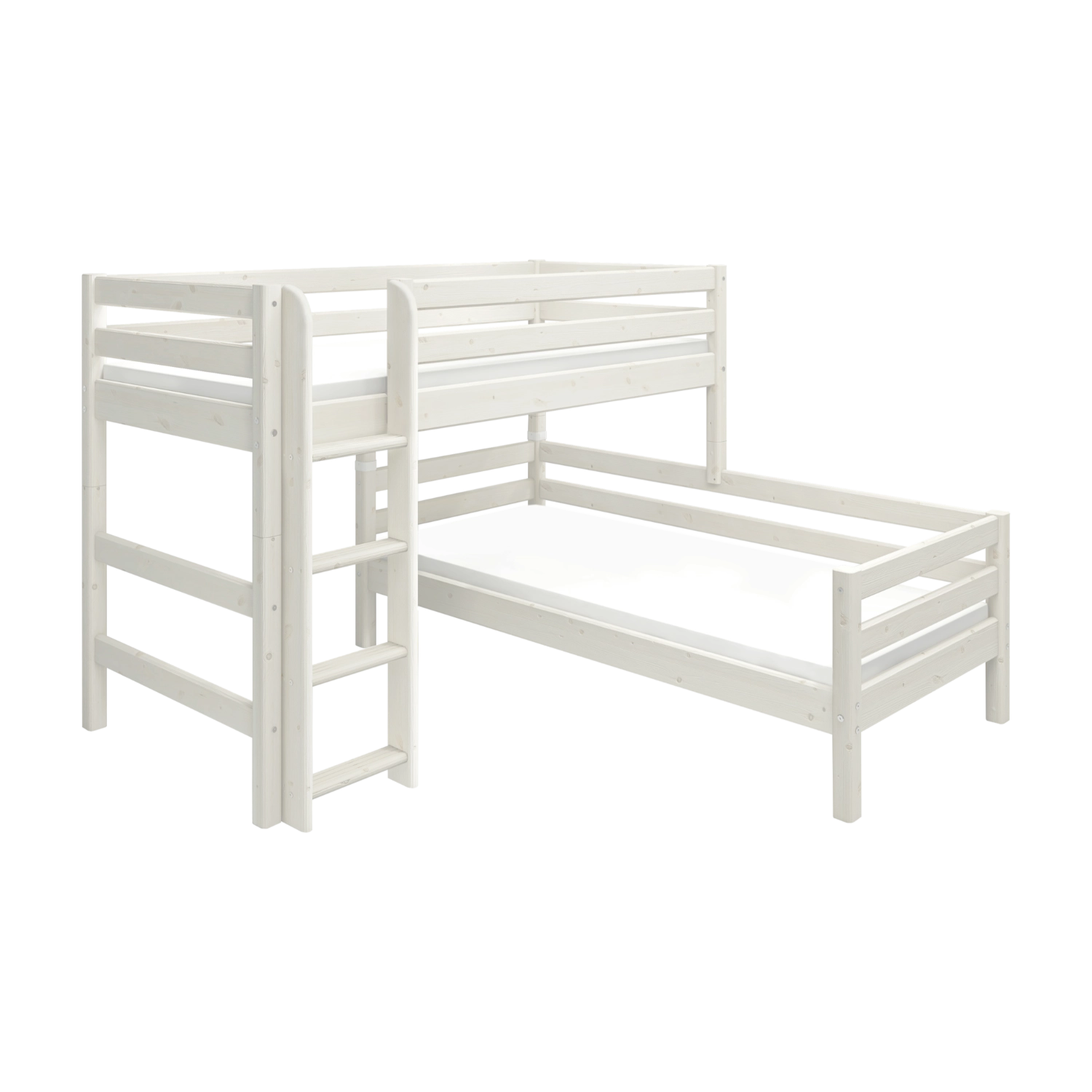 Litera FLEXA, colección CLASSIC, de madera de pino blanco con escalera y barandilla de seguridad, con características de seguridad para la habitación de los niños.