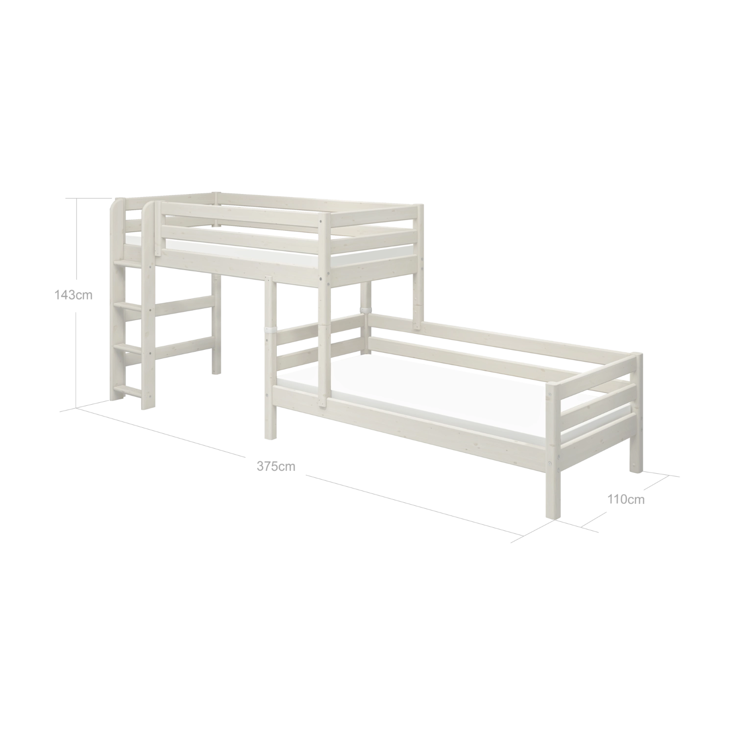 Litera semialta blanca FLEXA con escalera y barandilla de seguridad, diseño apto para niños, mostrada en una habitación infantil.