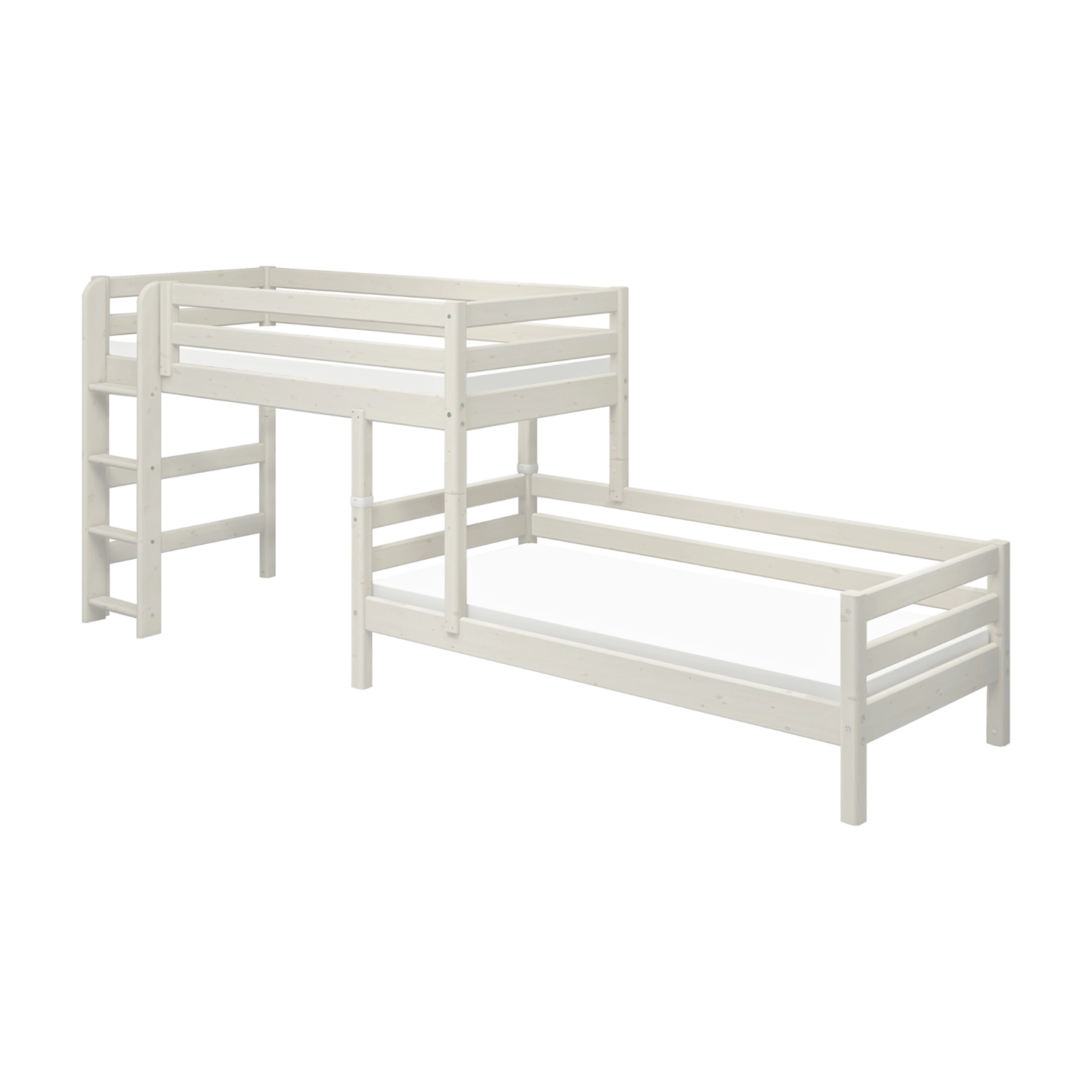 Litera FLEXA de la gama CLASSIC en pino blanco, con escalera visible y barandilla de seguridad, mostrada en un dormitorio infantil.