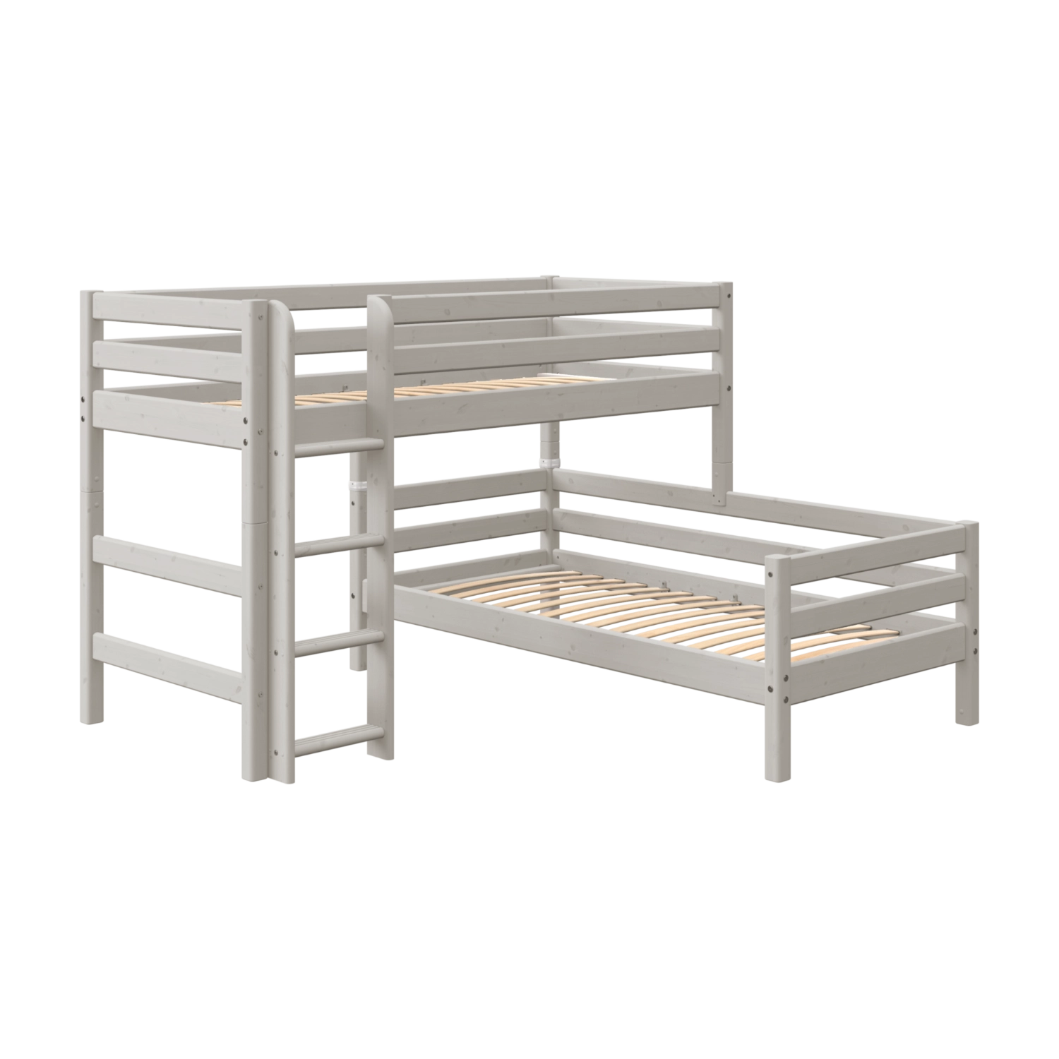 Patas altas para cama FLEXA en color gris, colección GREY, diseño resistente y seguro para los niños, mostradas sobre fondo blanco.