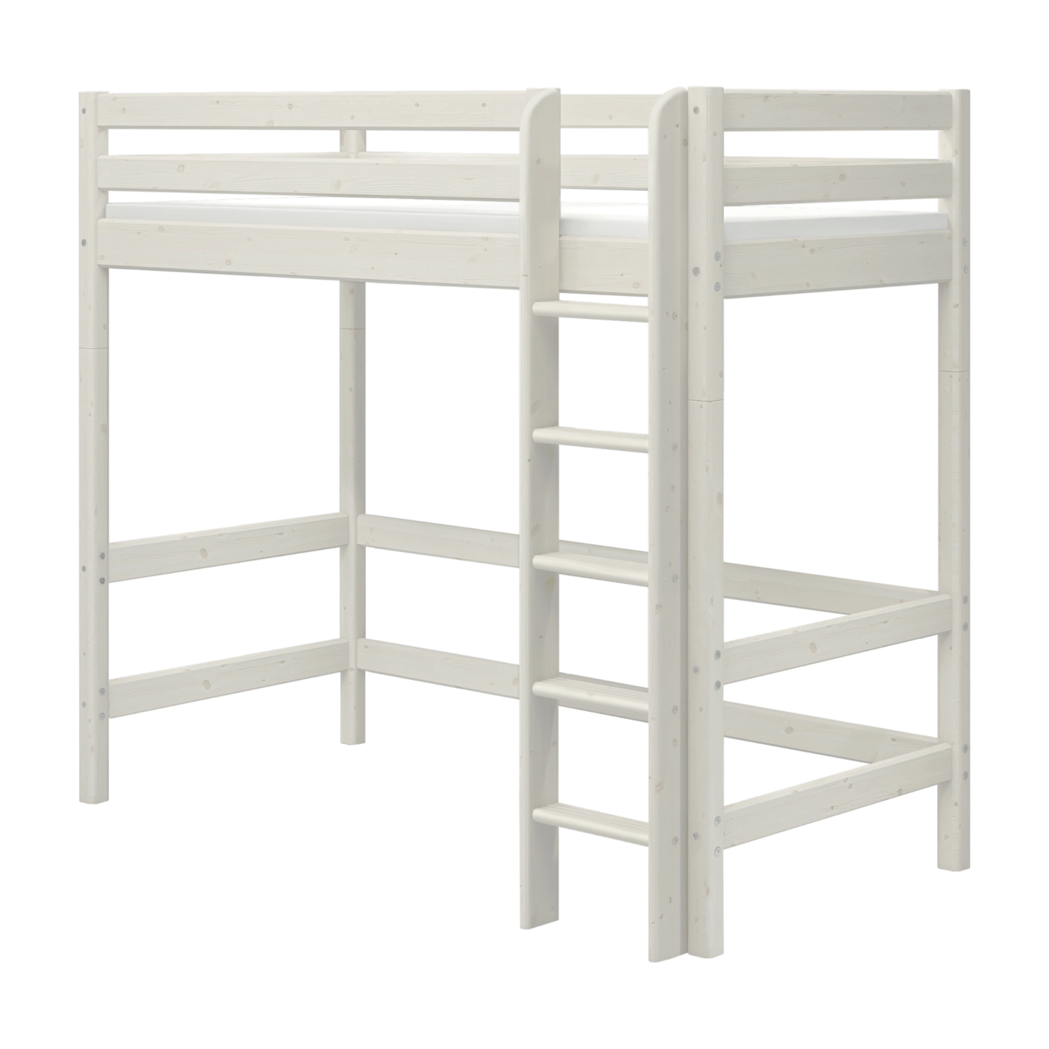 Patas de cama FLEXA WHITE de pino macizo para cama alta, con escalera integrada a la vista y bordes redondeados y seguros para los niños en la habitación infantil.