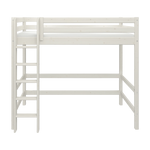 Cama alta FLEXA WHITE, con escalera y barandilla de seguridad, espacio debajo de la cama para almacenamiento o para estudiar, apta para niños, en una habitación infantil.