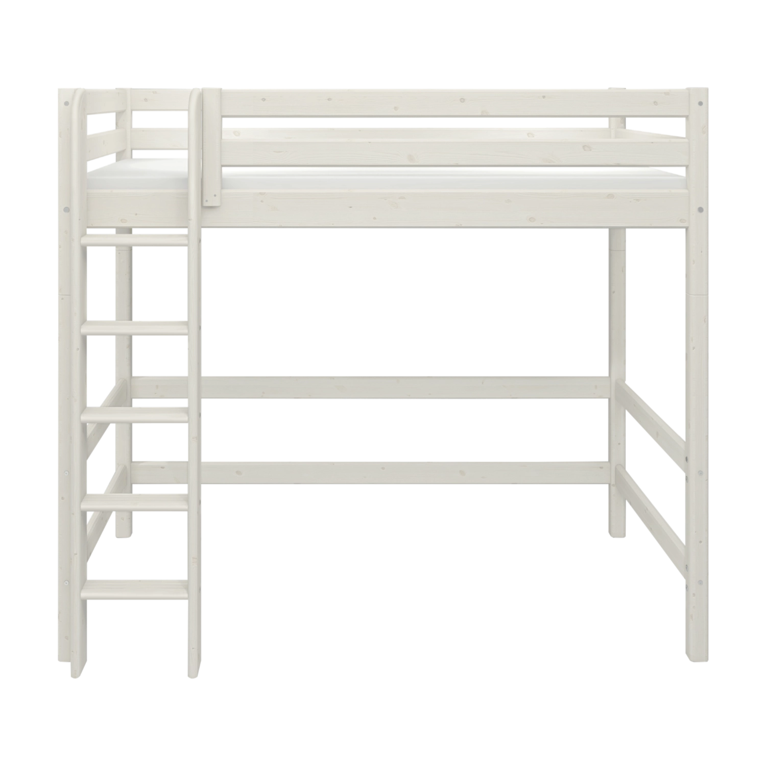 Cama alta FLEXA WHITE, con escalera y barandilla de seguridad, espacio debajo de la cama para almacenamiento o para estudiar, apta para niños, en una habitación infantil.