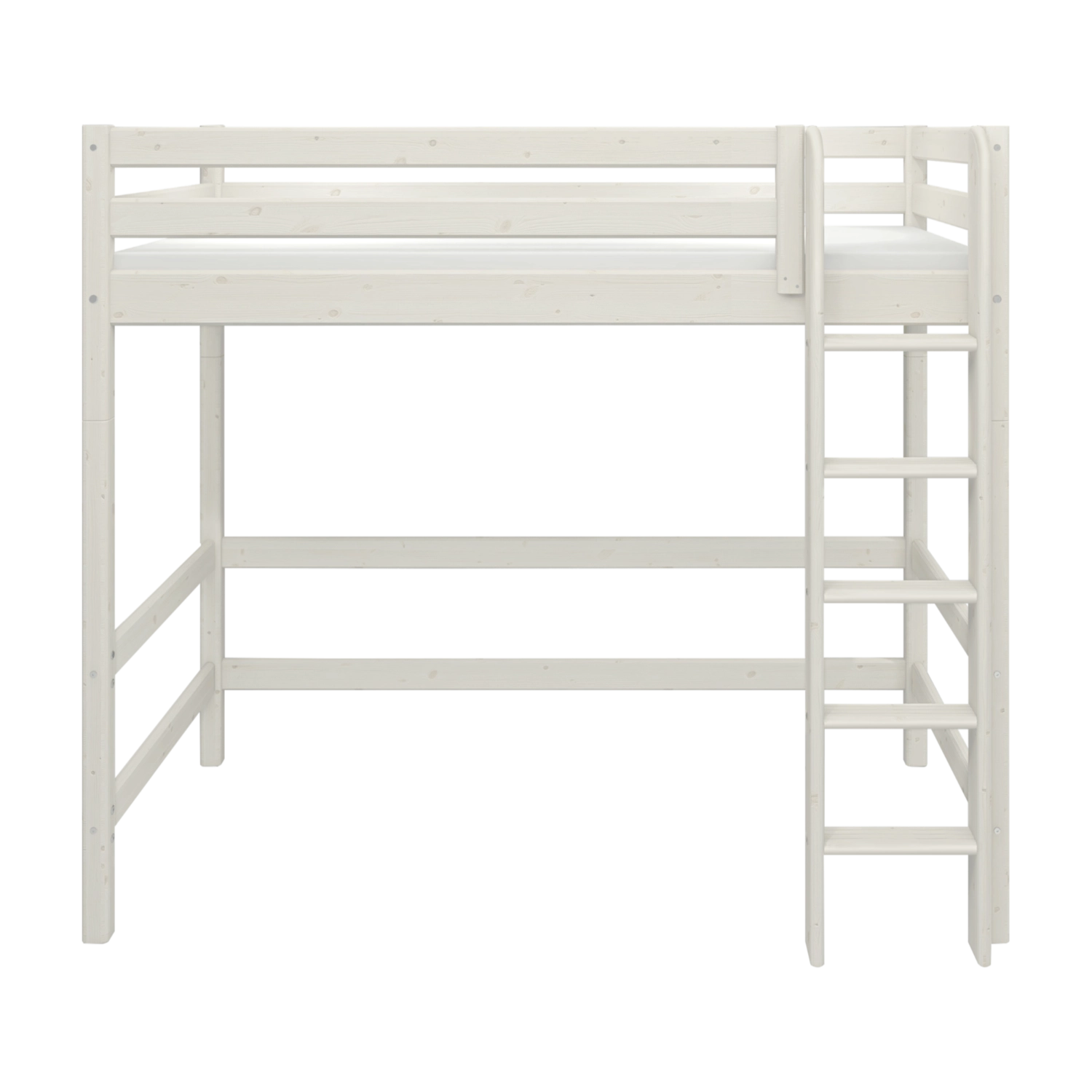 Cama alta FLEXA WHITE con escalera y barandilla de seguridad, con espacio de almacenamiento debajo, en una habitación infantil.