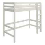 Cama alta FLEXA WHITE de la colección FLEXA, con escalera, barandilla de seguridad y espacio de almacenamiento debajo de la cama, en un diseño sencillo.
