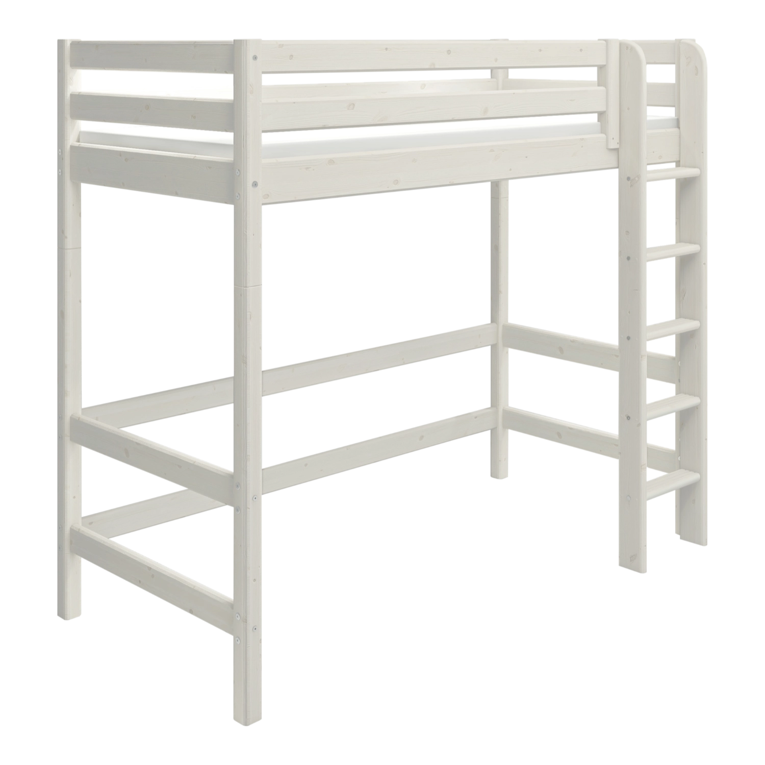 Cama alta FLEXA WHITE de la colección FLEXA, con escalera, barandilla de seguridad y espacio de almacenamiento debajo de la cama, en un diseño sencillo.