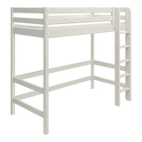Cama alta FLEXA WHITE de la colección FLEXA, con escalera, barandilla de seguridad y espacio de almacenamiento debajo de la cama, en un diseño sencillo.