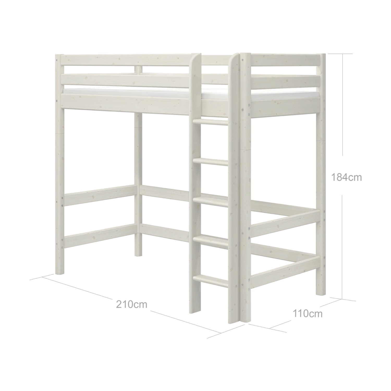 Cama alta blanca FLEXA de la gama CLASSIC con escalera, barandilla de seguridad y espacio de almacenamiento debajo de la cama, tal y como se muestra en una habitación infantil.
