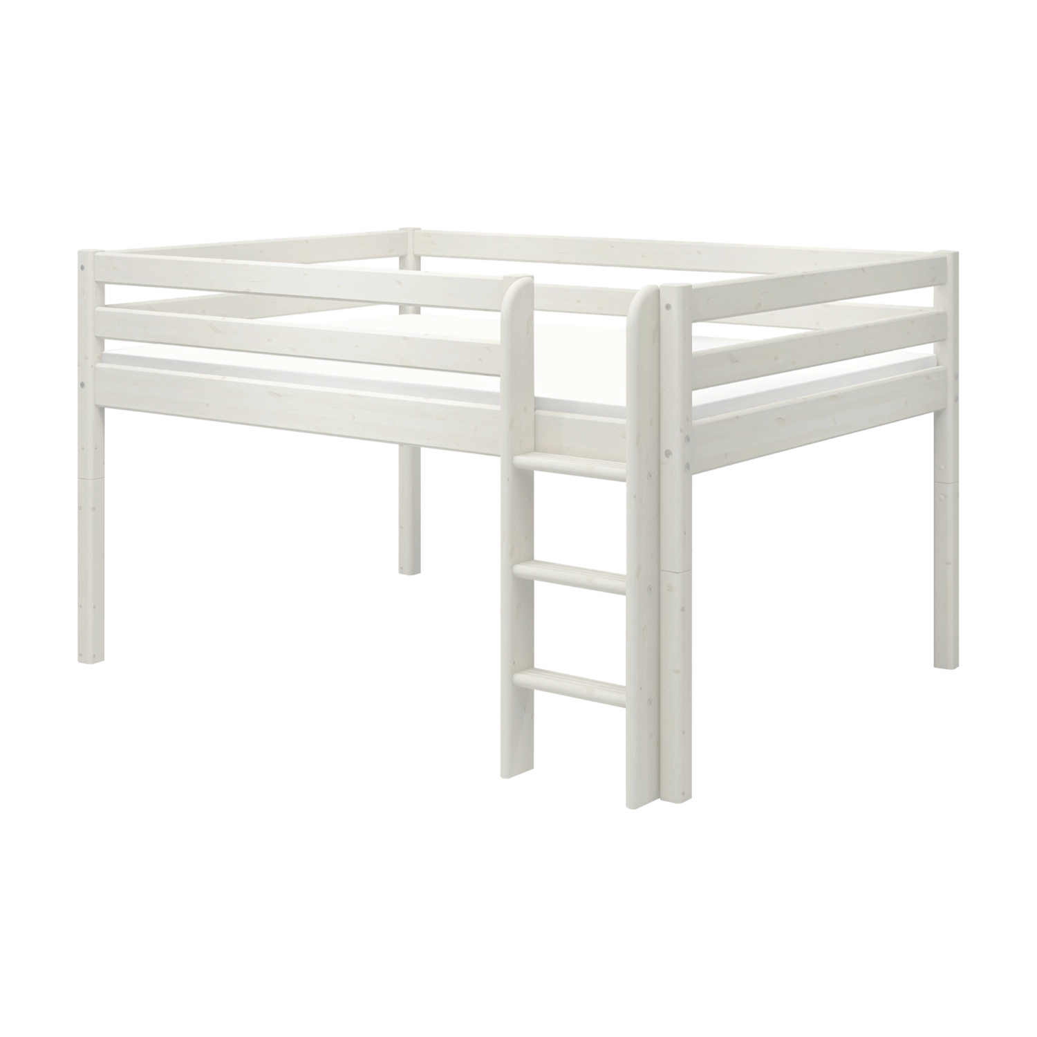 Cama alta blanca FLEXA de la colección CLASSIC, con barandilla de seguridad y escalera, diseño apto para niños, mostrada sobre un fondo liso.