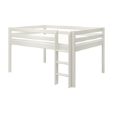Cama alta blanca FLEXA de la colección CLASSIC, con barandilla de seguridad y escalera, diseño apto para niños, mostrada sobre un fondo liso.