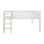 Cama FLEXA de la colección WHITE, 140 x 200 cm, con escalera y barandilla de seguridad, acabado en blanco, apta para habitaciones infantiles.