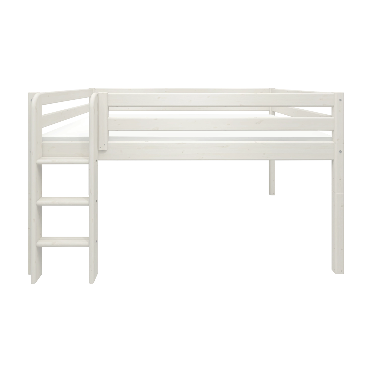 Cama FLEXA de la colección WHITE, 140 x 200 cm, con escalera y barandilla de seguridad, acabado en blanco, apta para habitaciones infantiles.