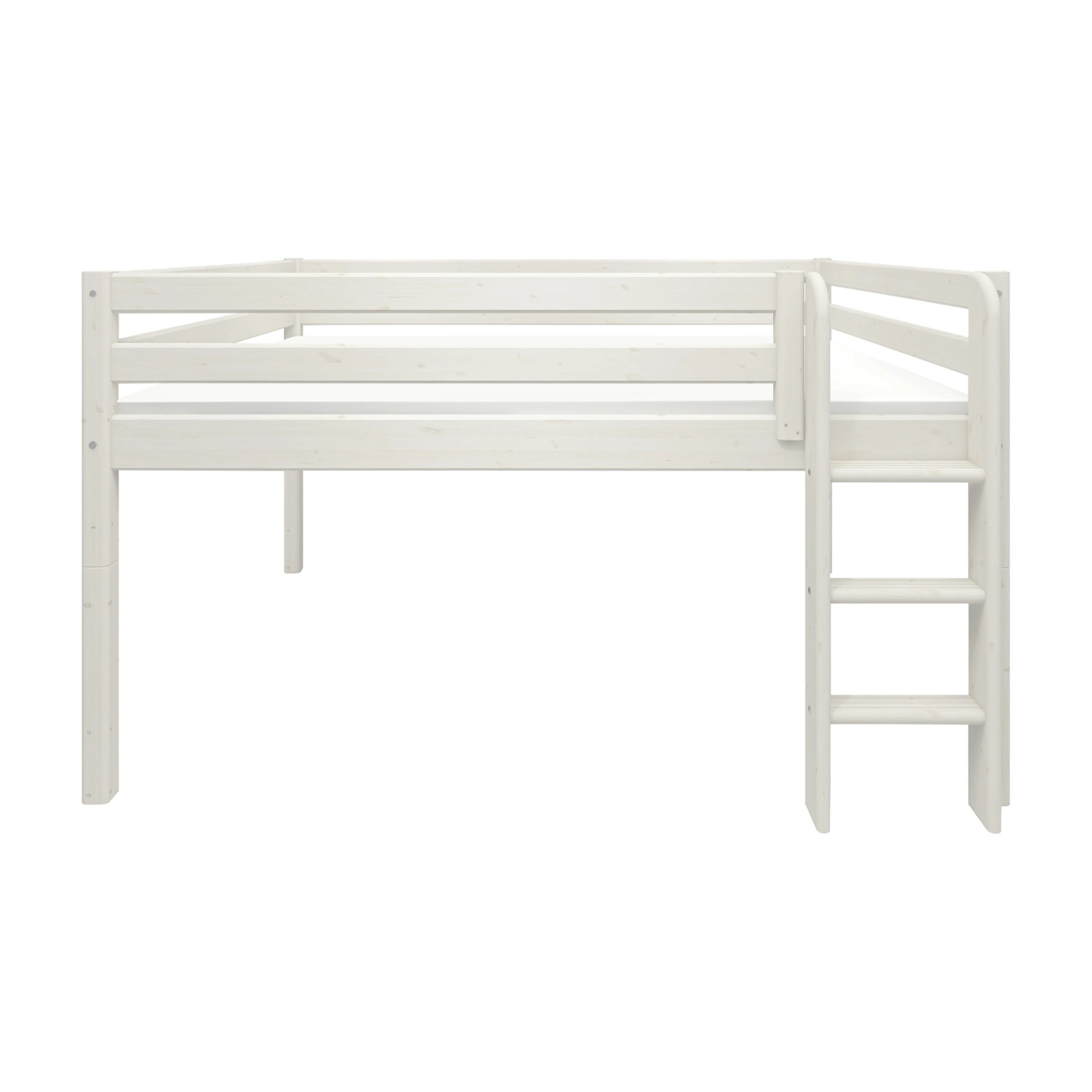 Cama alta FLEXA WHITE de la colección NOR, de pino blanco, con escalera y barandilla de seguridad, mostrada en un dormitorio infantil de estilo minimalista.