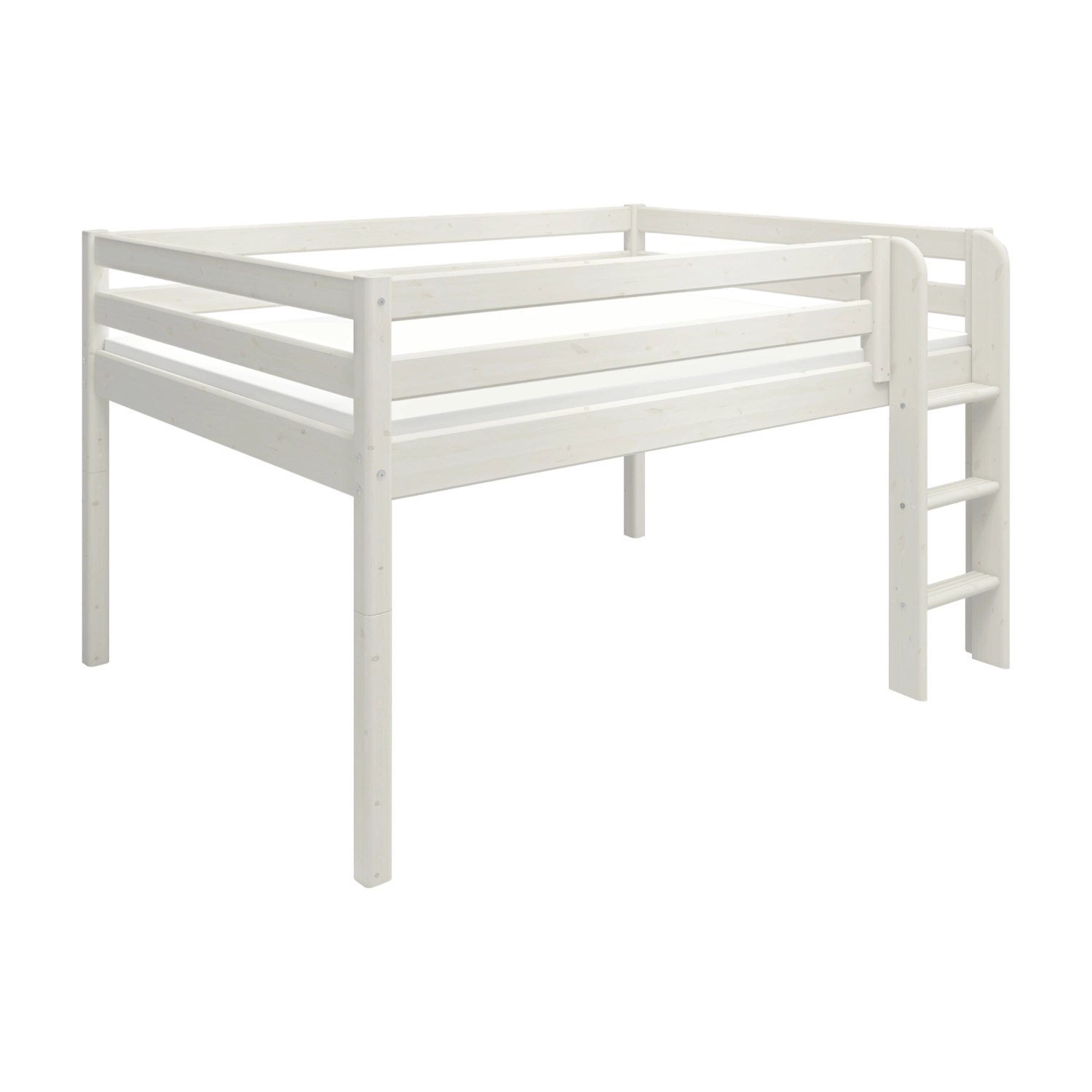 Cama alta FLEXA de la gama CLASSIC en pino blanco, con barandilla de seguridad, escalera a la derecha y ambientación de habitación infantil.