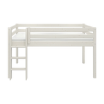 Cama alta FLEXA de la colección WHITE, acabado en blanco, con barandilla de seguridad y escalera, mostrada sobre un fondo liso.