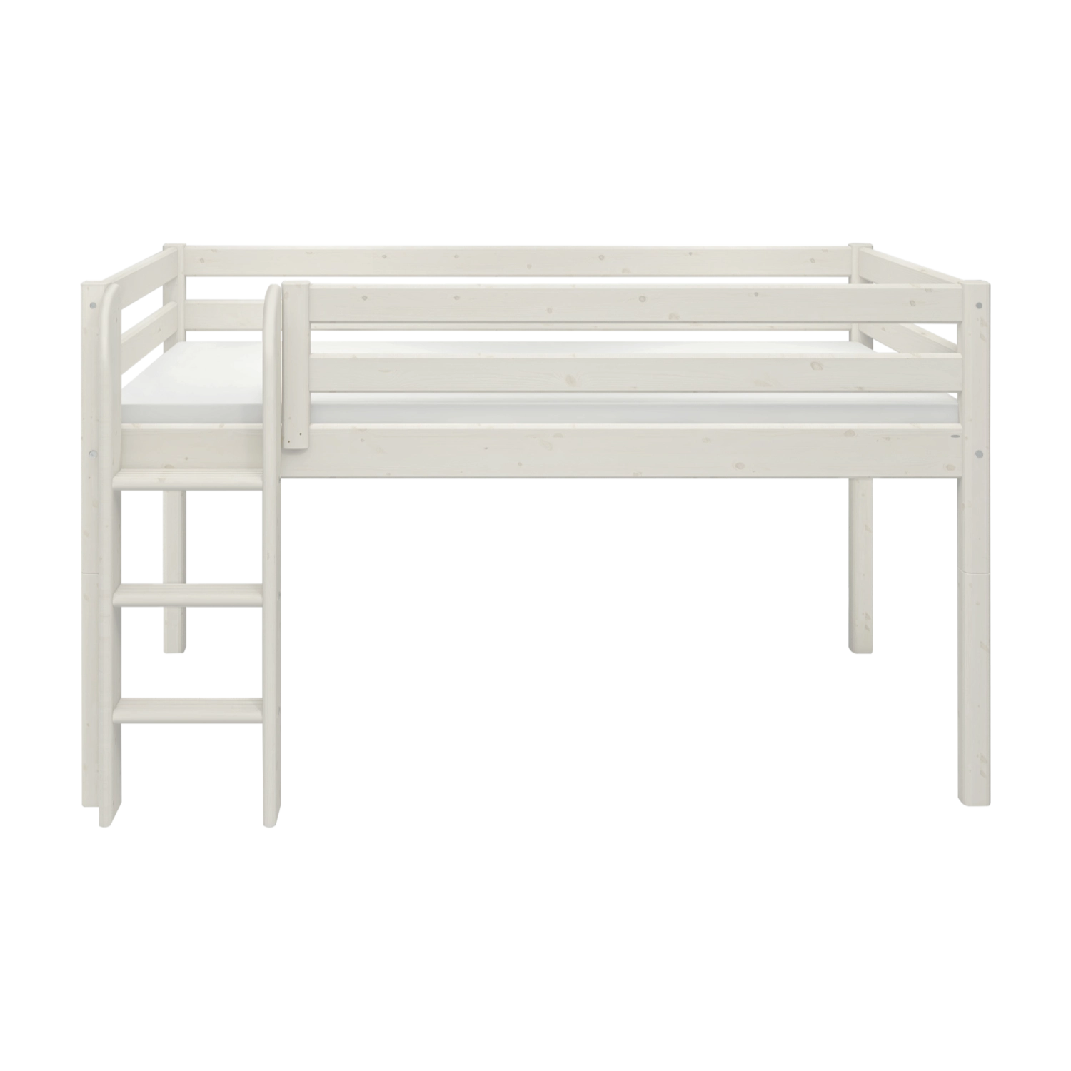 Cama alta FLEXA de la colección WHITE, acabado en blanco, con barandilla de seguridad y escalera, mostrada sobre un fondo liso.