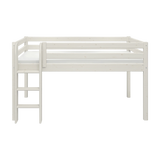 Cama alta FLEXA de la colección WHITE, acabado en blanco, con barandilla de seguridad y escalera, mostrada sobre un fondo liso.