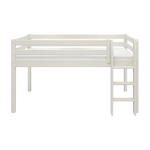 Cama alta FLEXA de la gama CLASSIC, pino blanco, 90 x 200 cm, escalera a la derecha, barandilla de seguridad, ambientación de habitación infantil.