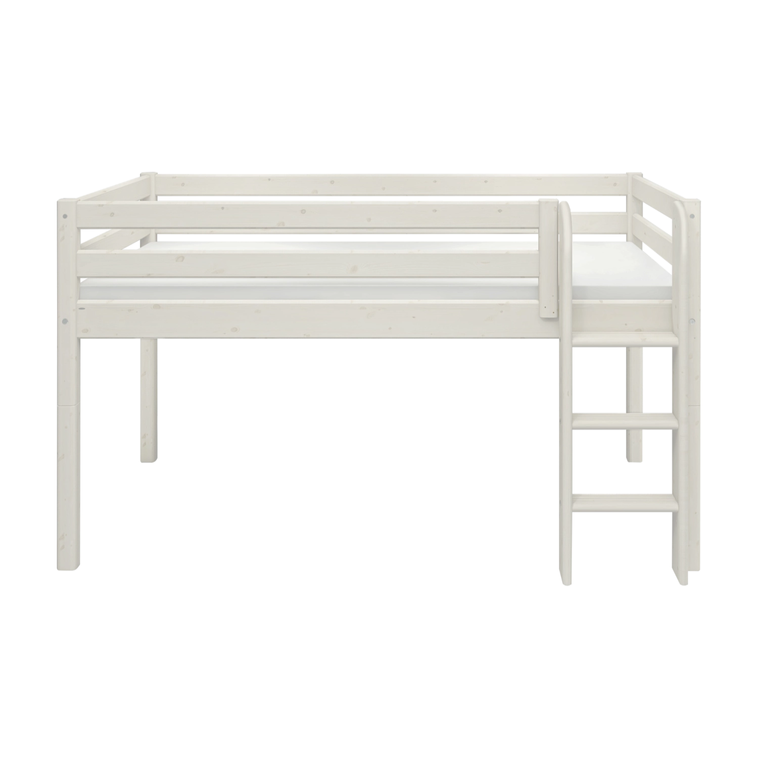Cama alta FLEXA de la gama CLASSIC, pino blanco, 90 x 200 cm, escalera a la derecha, barandilla de seguridad, ambientación de habitación infantil.