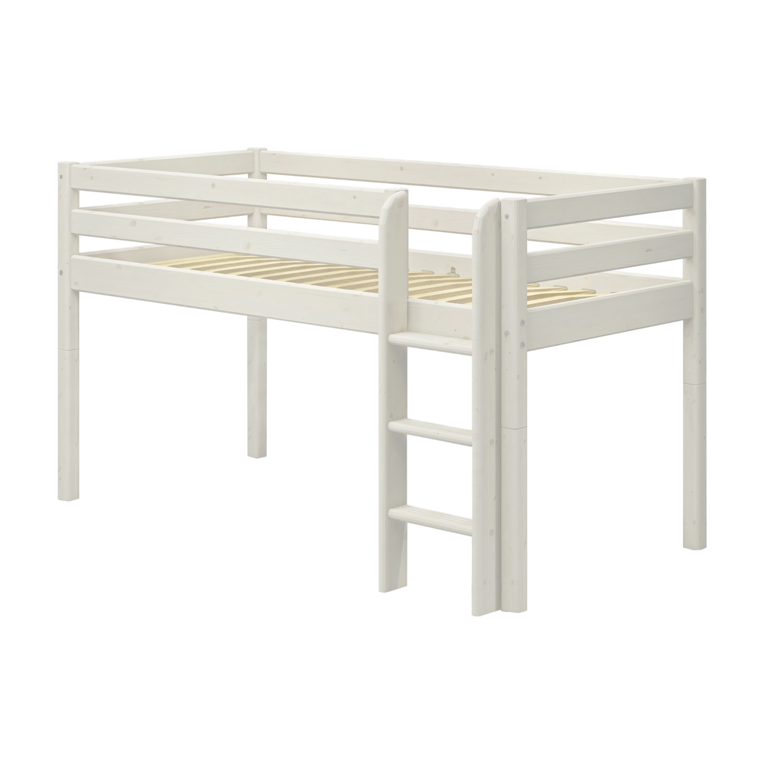 Escalera y patas blancas FLEXA para cama alta, con peldaños antideslizantes; diseño seguro para niños, mostrado sobre un fondo liso.