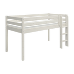 Cama alta FLEXA de la colección WHITE, acabado en blanco, escalera a la derecha, barandilla de seguridad, diseño seguro para niños sobre un fondo liso.