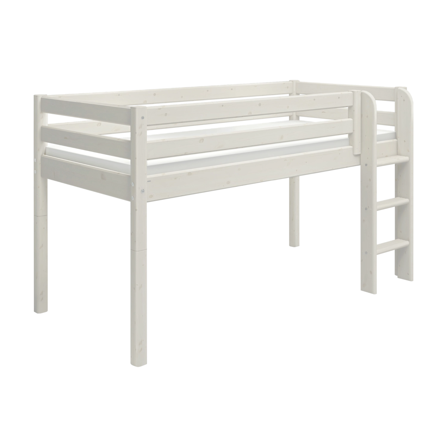 Cama alta FLEXA de la colección WHITE, acabado en blanco, escalera a la derecha, barandilla de seguridad, diseño seguro para niños sobre un fondo liso.