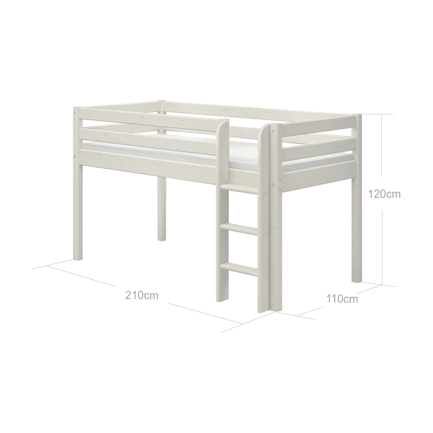 Cama alta FLEXA WHITE de la gama CLASSIC, de 90 x 200 cm, con barandilla de seguridad y escalera, en una habitación infantil.