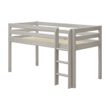 FLEXA CLASSIC grey pine high bed ladder and legs with right anti-slip ladder, visible guardrails, child-safe design.