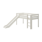 FLEXA WHITE high bed with slide and ladder, CLASSIC collection, child-safe edges, wood finish, plain background.
