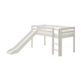 FLEXA WHITE high bed with slide and ladder, CLASSIC collection, child-safe edges, wood finish, plain background.