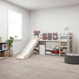 FLEXA HIGH BED 120cm in white with slide, ladder, firetruck theme; child-safe design in a kids’ bedroom.
