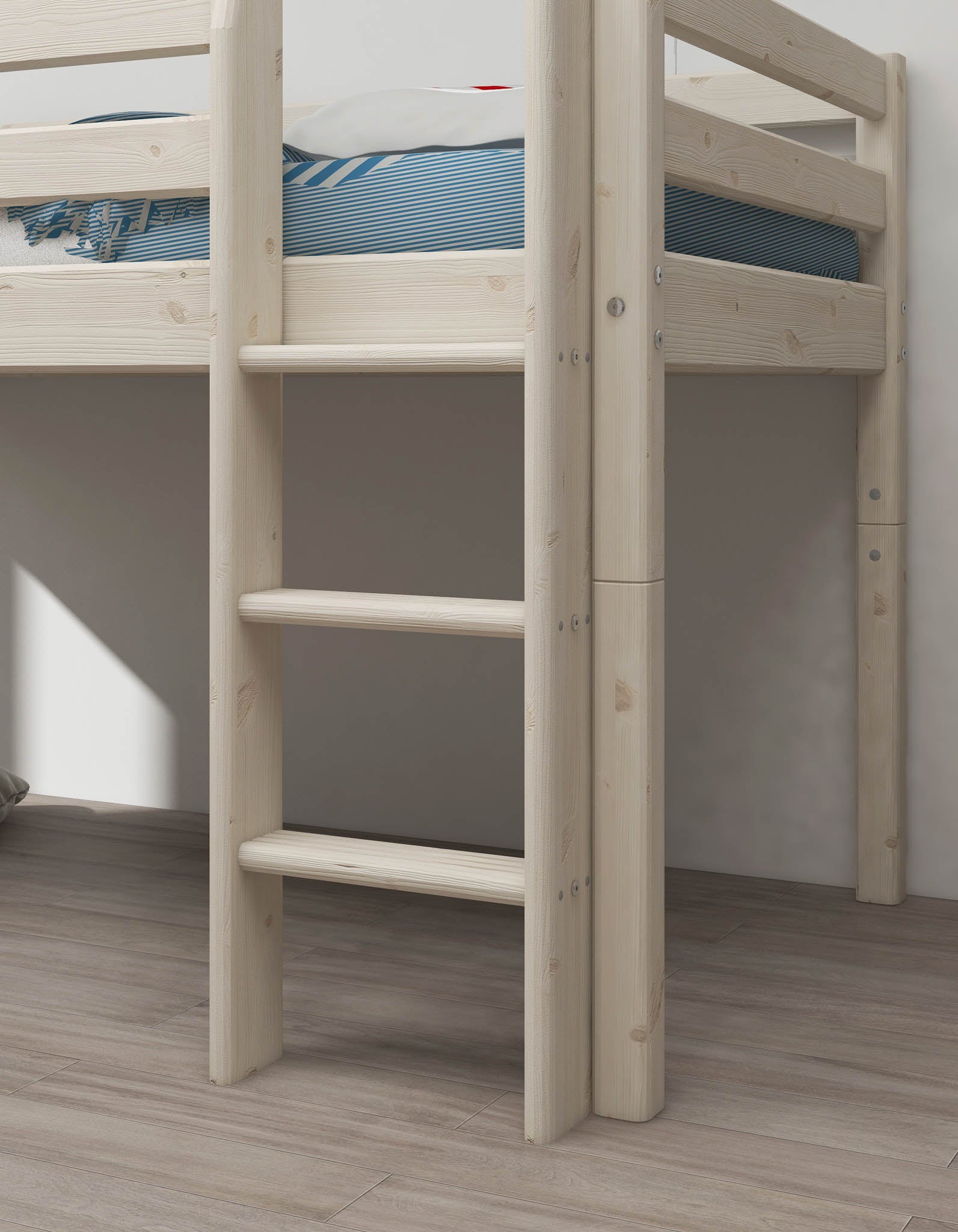 FLEXA high bed from WHITE collection with slide and ladder, white frame, blue striped bedding on light wood floor.