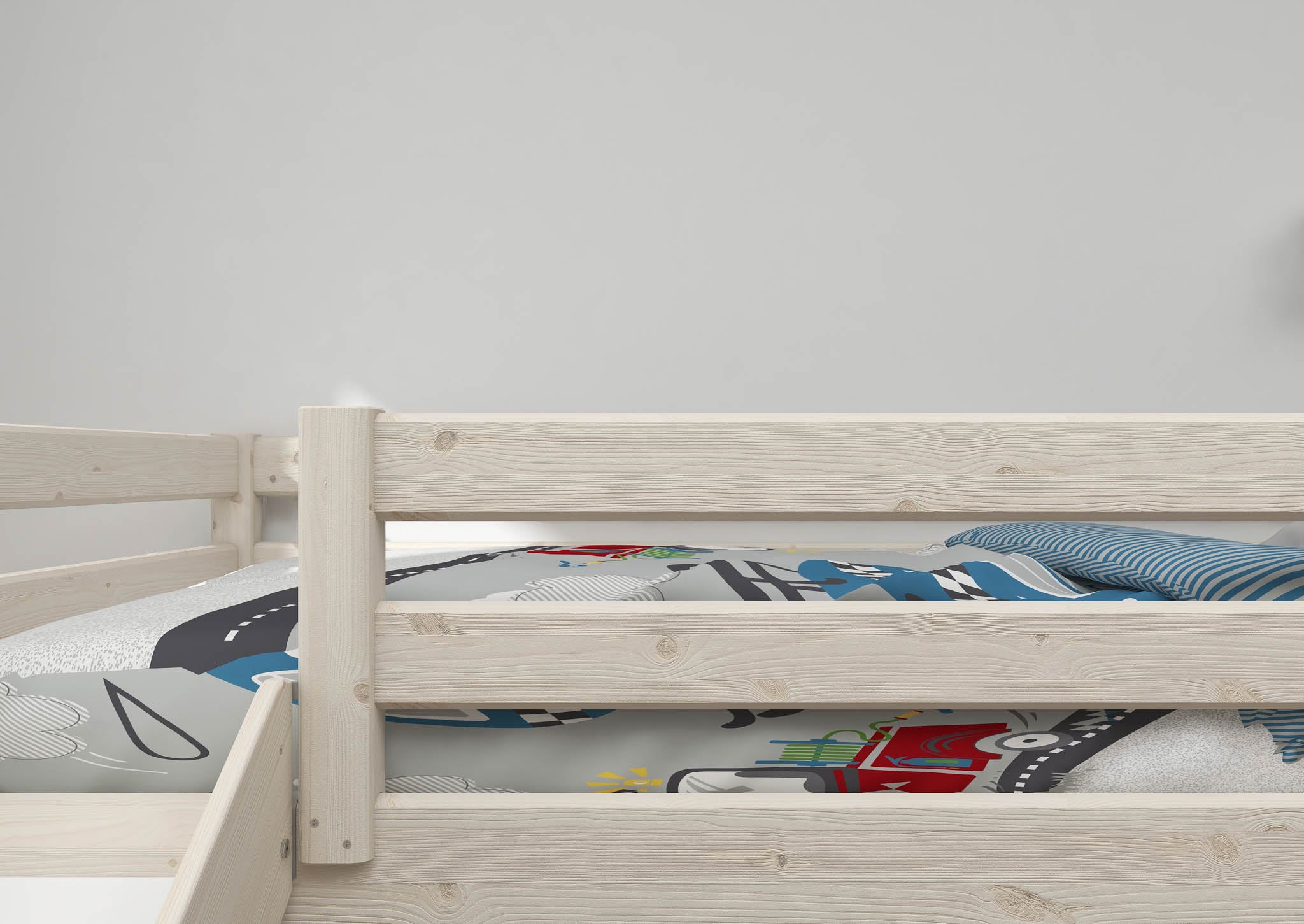 FLEXA White high bed with slide and ladder from CLASSIC collection, 90x200cm, child-safe rails in a kids’ bedroom.