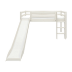 FLEXA white high bed with ladder and slide, 90x200 cm, visible child-safe rails in a child’s bedroom.