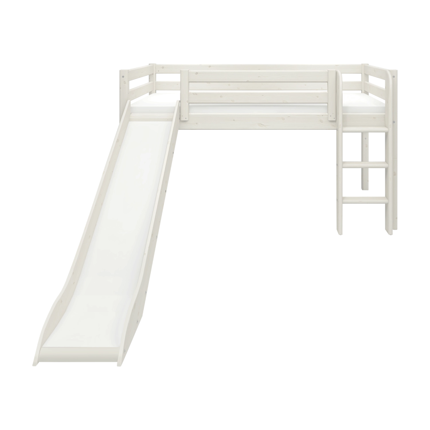 FLEXA white high bed with ladder and slide, 90x200 cm, visible child-safe rails in a child’s bedroom.