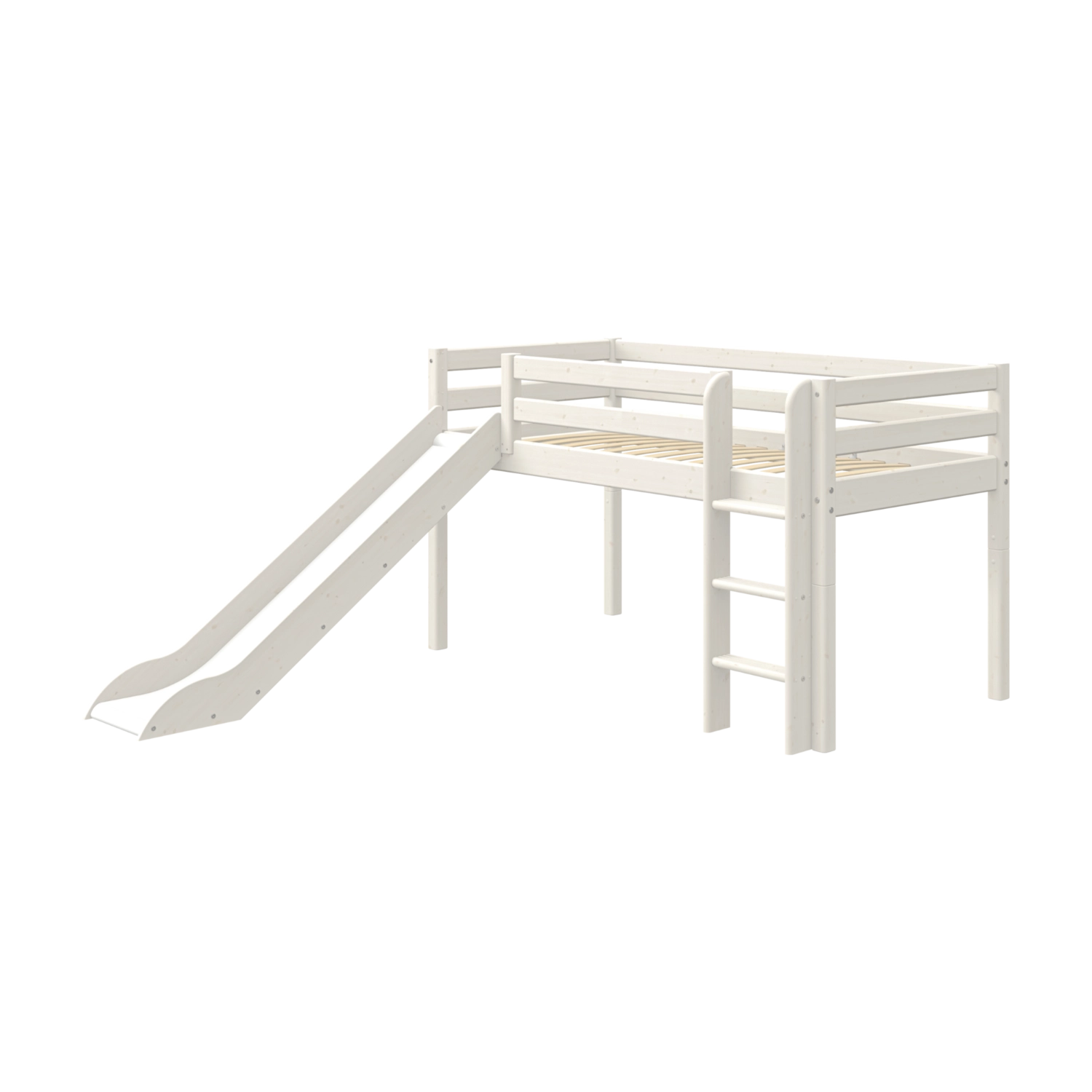 FLEXA HIGH bed with safety rails, white finish, left slide and ladder, visible in a child’s bedroom setting.