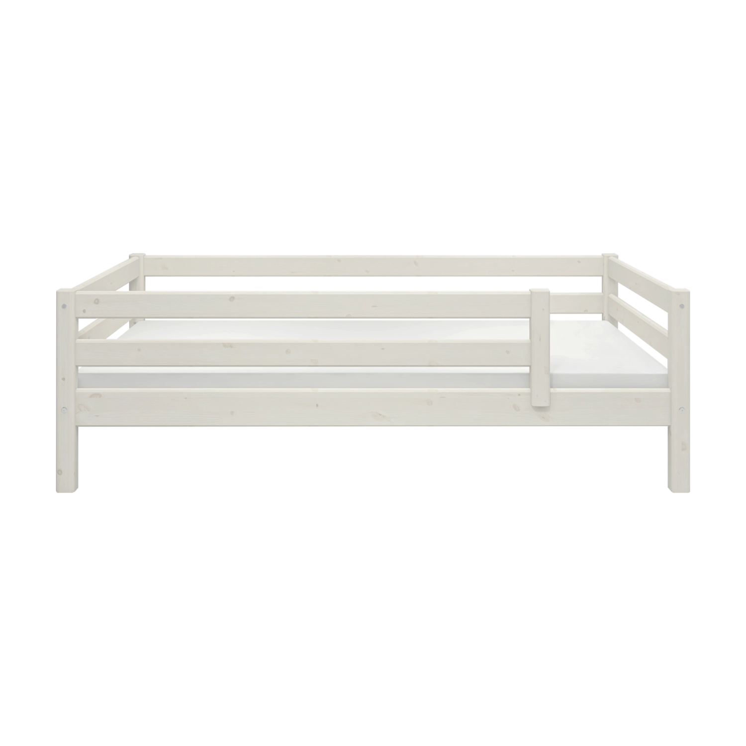 Barandilla de cama FLEXA, colección CLASSIC, de 3/4 de longitud, en pino macizo blanco; rodea tres lados para garantizar la seguridad del niño; parte trasera lisa.