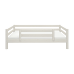 Cama de pino de altura media-alta FLEXA de la colección WHITE, con 3 barandillas de seguridad para niños, mostrada sobre fondo blanco.