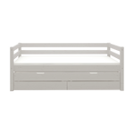 Cama individual FLEXA de la gama CLASSIC en madera gris, con cama extraíble, cajones de almacenamiento y barandilla de seguridad, sobre fondo liso.