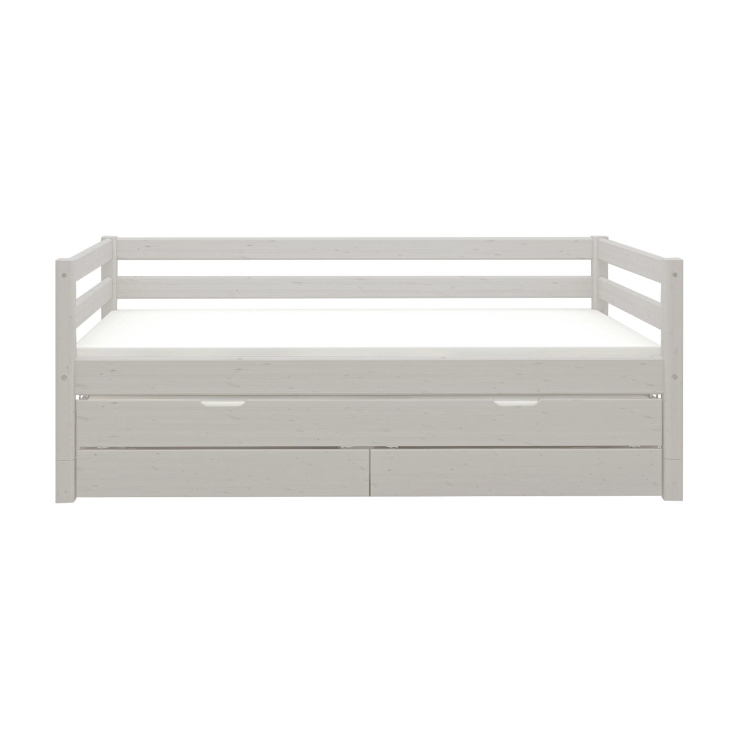 Cama individual FLEXA de la gama CLASSIC en madera gris, con cama extraíble, cajones de almacenamiento y barandilla de seguridad, sobre fondo liso.