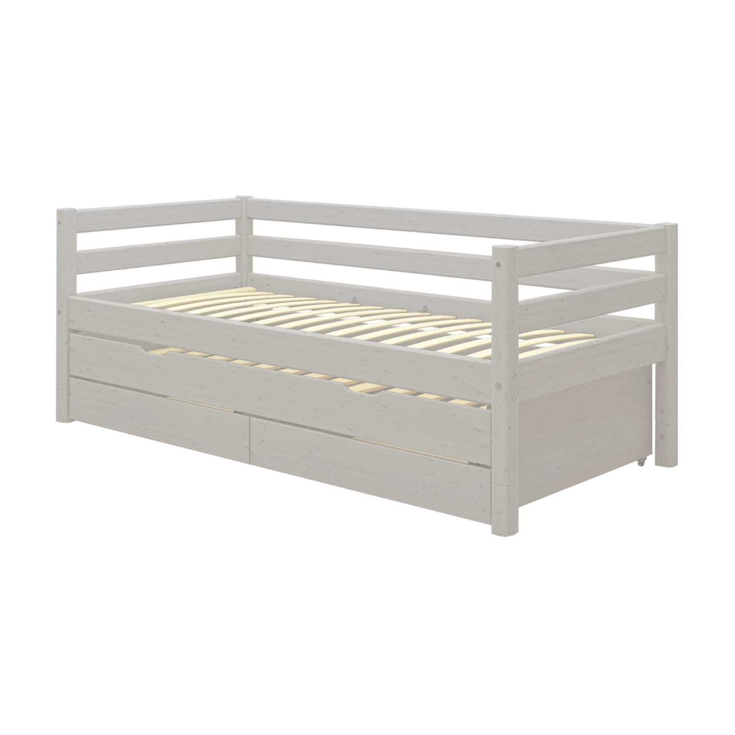 Cama individual FLEXA de la gama CLASSIC en color gris, con cama extraíble, cajones de almacenamiento y barandilla de seguridad; ideal para una habitación infantil.