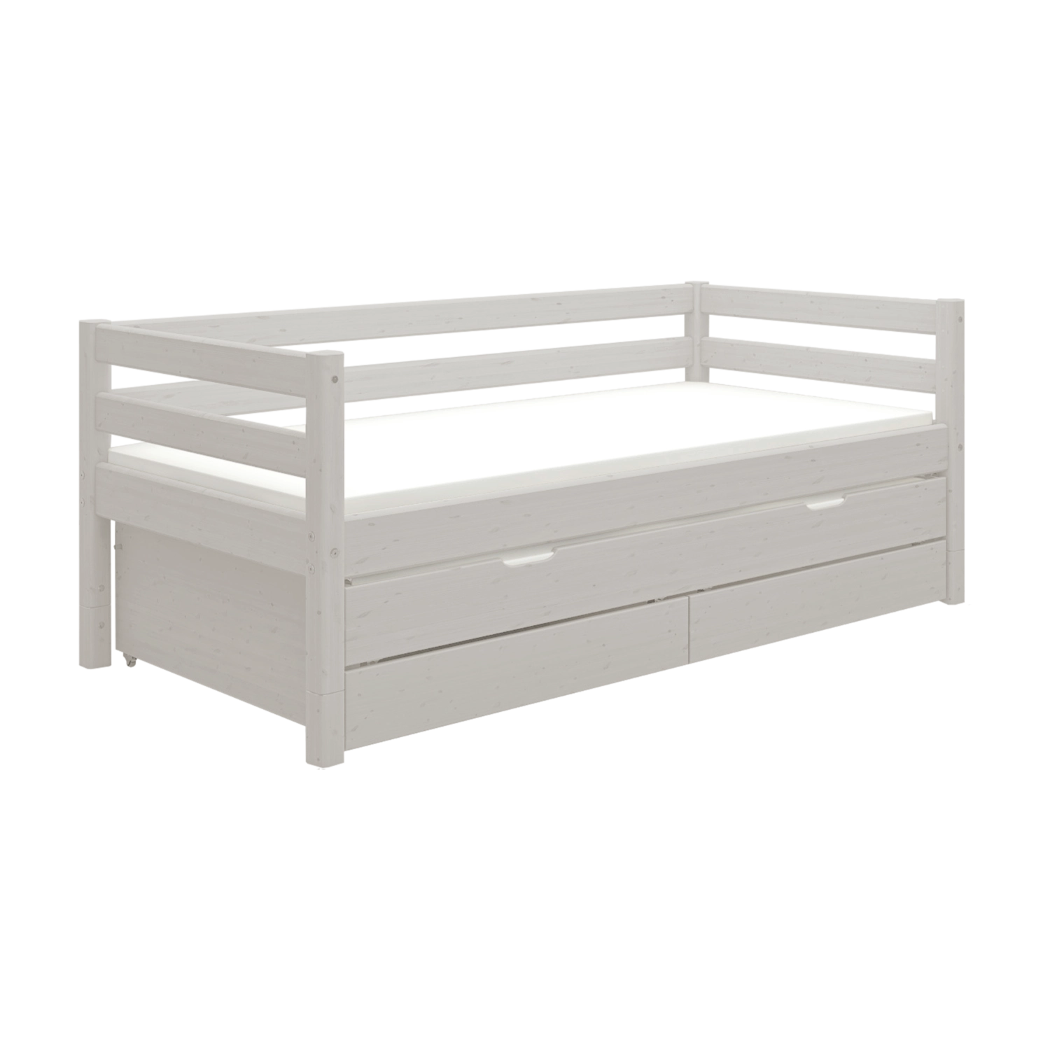 Cama individual gris FLEXA con cama extra extraíble, cajones de almacenamiento y barandilla de seguridad, tal y como se muestra en una habitación infantil.