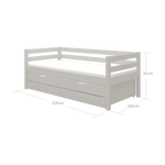 Cama individual FLEXA con cama extra extraíble, color gris, espacio de almacenamiento a la vista y barandilla de seguridad; se muestra en una habitación infantil.