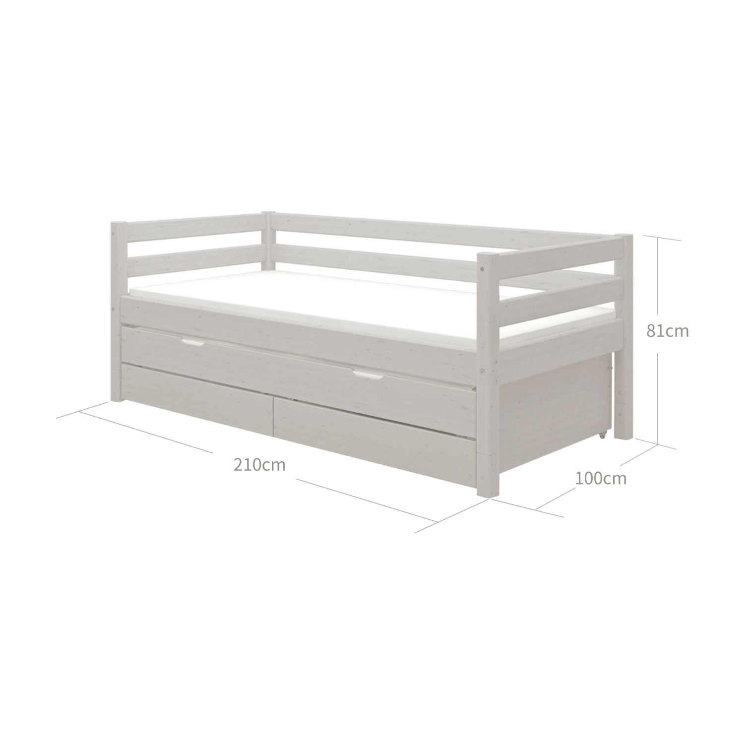 Cama individual FLEXA con cama extra extraíble, color gris, espacio de almacenamiento a la vista y barandilla de seguridad; se muestra en una habitación infantil.