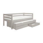 Cama individual FLEXA en color gris con cama extra extraíble, cajones de almacenamiento y barandilla de seguridad; estilo escandinavo para la habitación infantil.