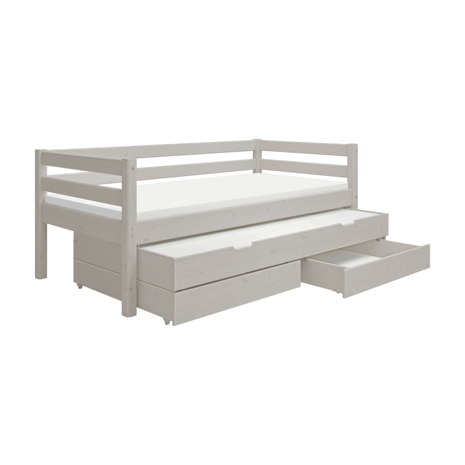 Cama individual FLEXA en color gris con cama extra extraíble, cajones de almacenamiento y barandilla de seguridad; estilo escandinavo para la habitación infantil.