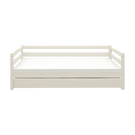 FLEXA CLASSIC white single bed with pull-out guest bed, visible safety rails, child-friendly design on plain backdrop.