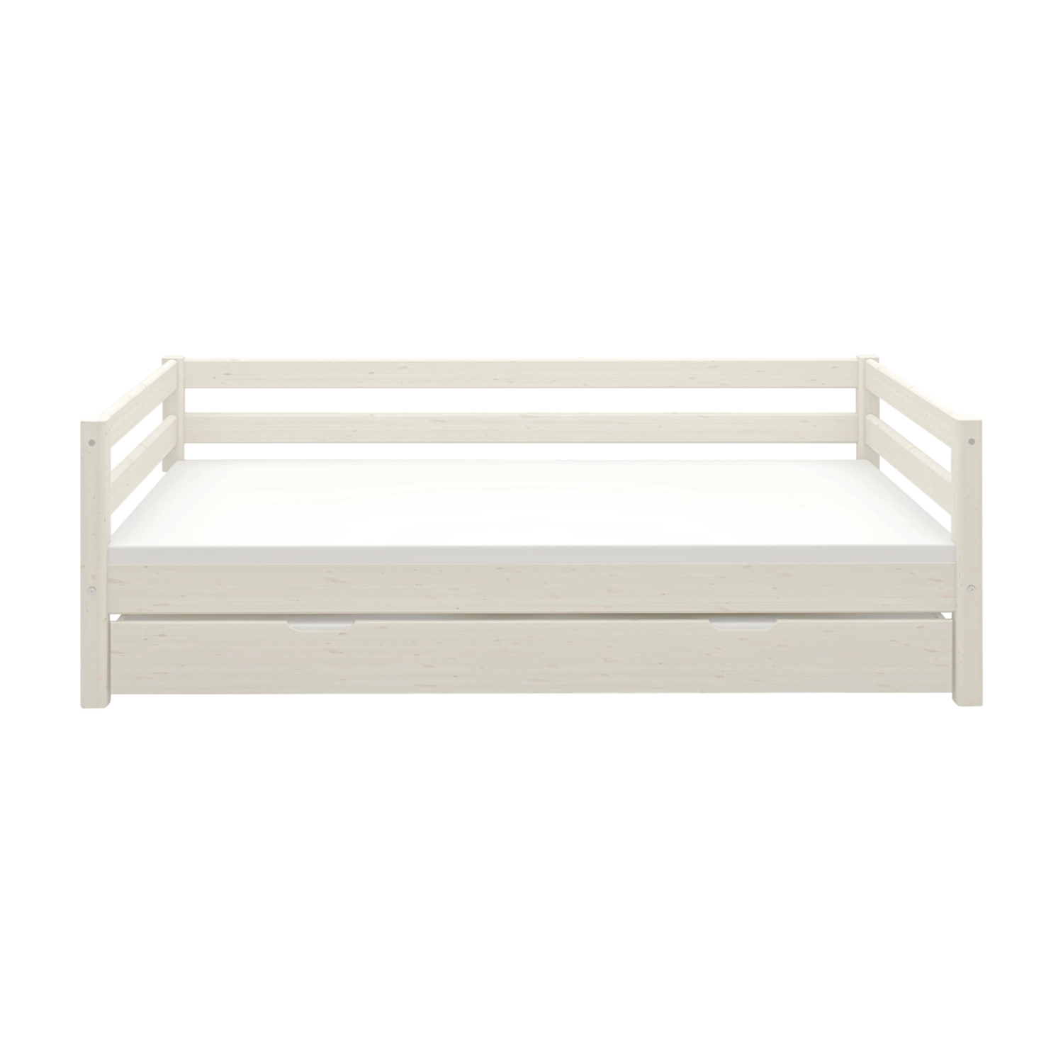 FLEXA CLASSIC white single bed with pull-out guest bed, visible safety rails, child-friendly design on plain backdrop.